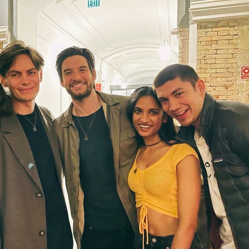 New photo of Archie Renaux with Amita Suman, Ben Barnes, and Freddy Carter. (via Amita's Instagram)