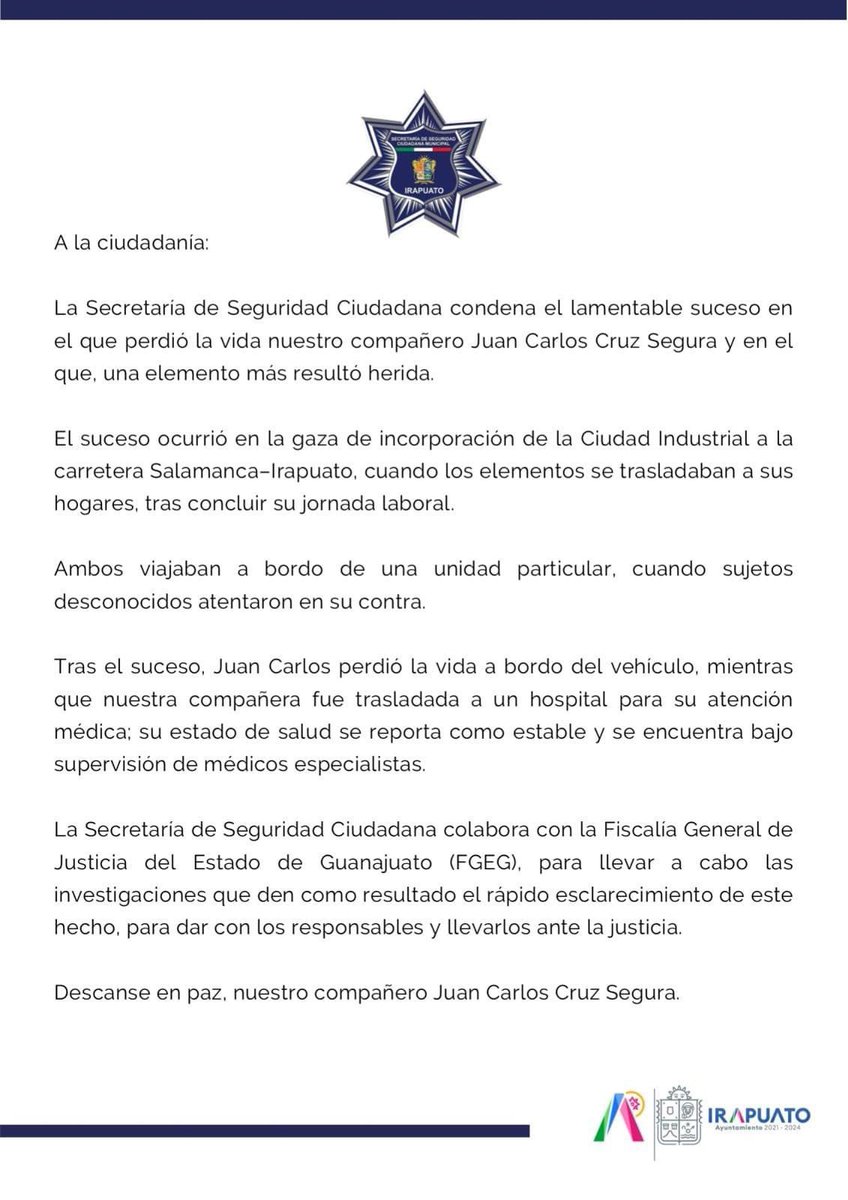 manolomorales10's tweet photo. 🚨Dos policías (hombre y mujer) de @segpublicaira que salían de su turno de la corporación fueron agredidos a balazos sobre la avenida Cd. Industrial, en el lugar el hombre pedio la vida mientras la oficial resultó herida  de gravedad #Irapuato https://t.co/p5pC55tlbo
