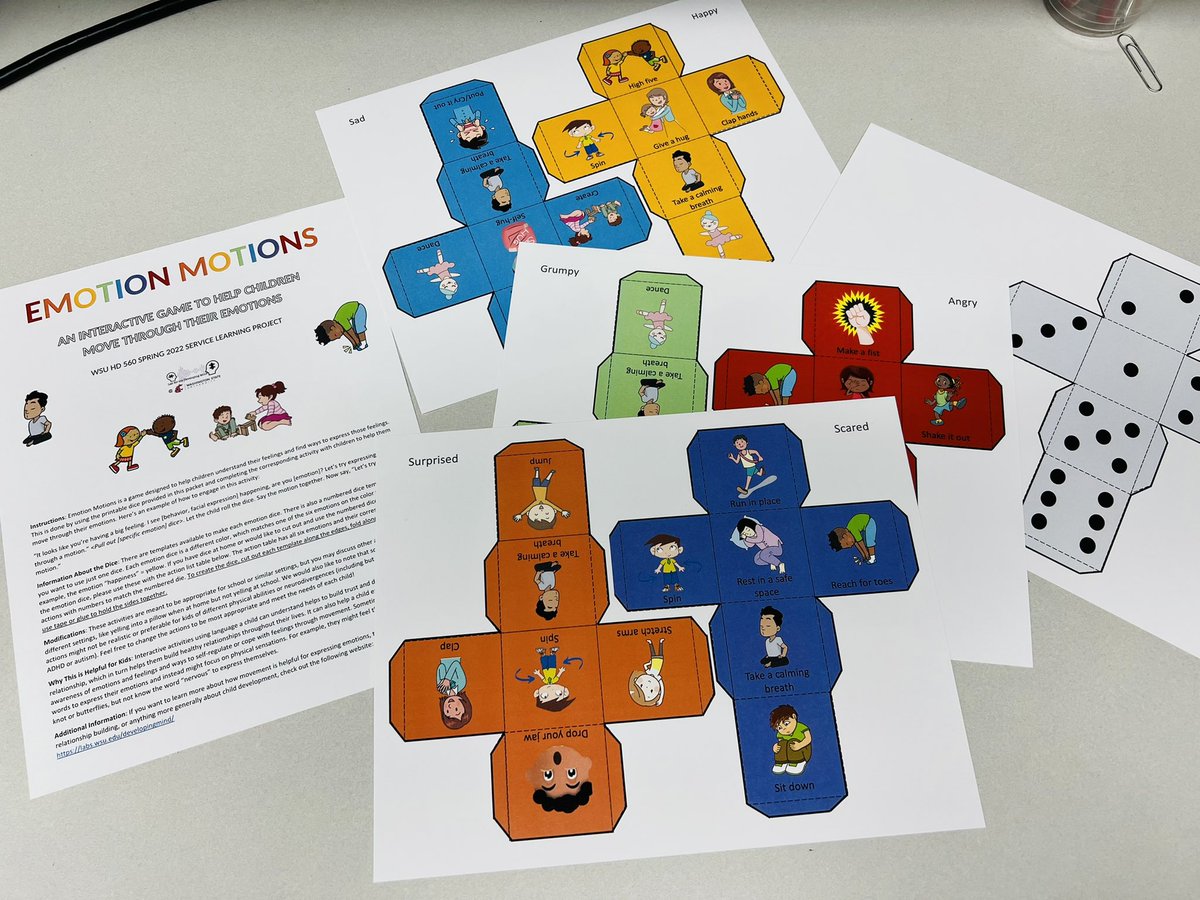 Amazing <a href="/PrevSciWSU/">Prevention Science</a> students in a Child Development class made Emotion Motions, a game for caregivers and childcare providers to help children identify and regulate emotions through movement. 200 physical copies were distributed. Digital copies are on our lab site linked in bio.