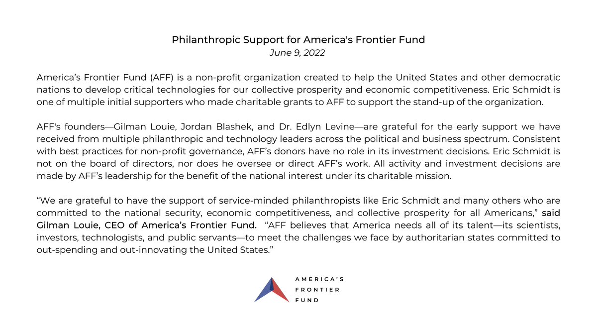 AFF believes that America needs all of its talent—its scientists, investors, technologists, and public servants—to meet the challenges we face by authoritarian states committed to out-spending and out-innovating the United States.

Full statement → americasfrontier.org/news/philanthr…