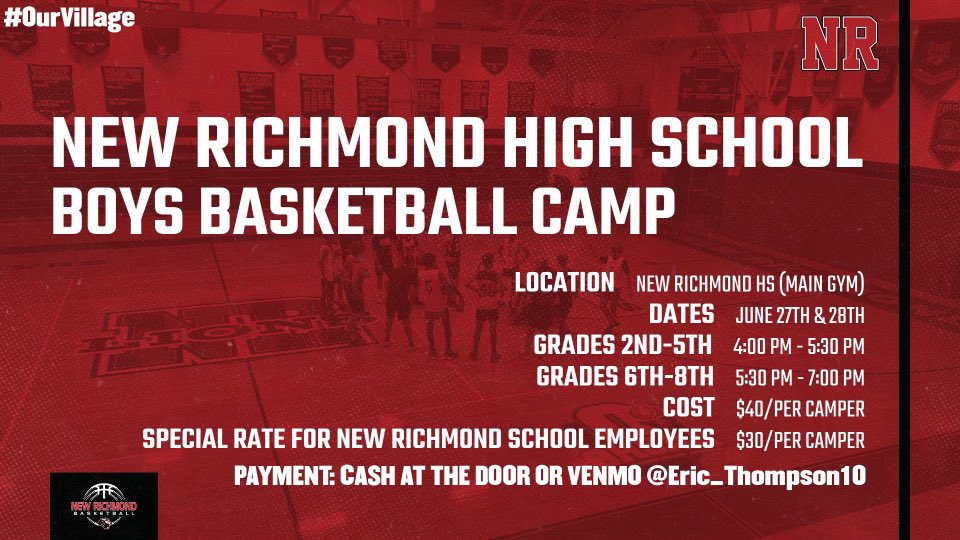 🏀🚨🚨 SIGN UP TODAY for the New Richmond Boys Basketball Camp!!! #OurVillage 

REGISTER ➡️ signupgenius.com/go/10C0E48AFAB…