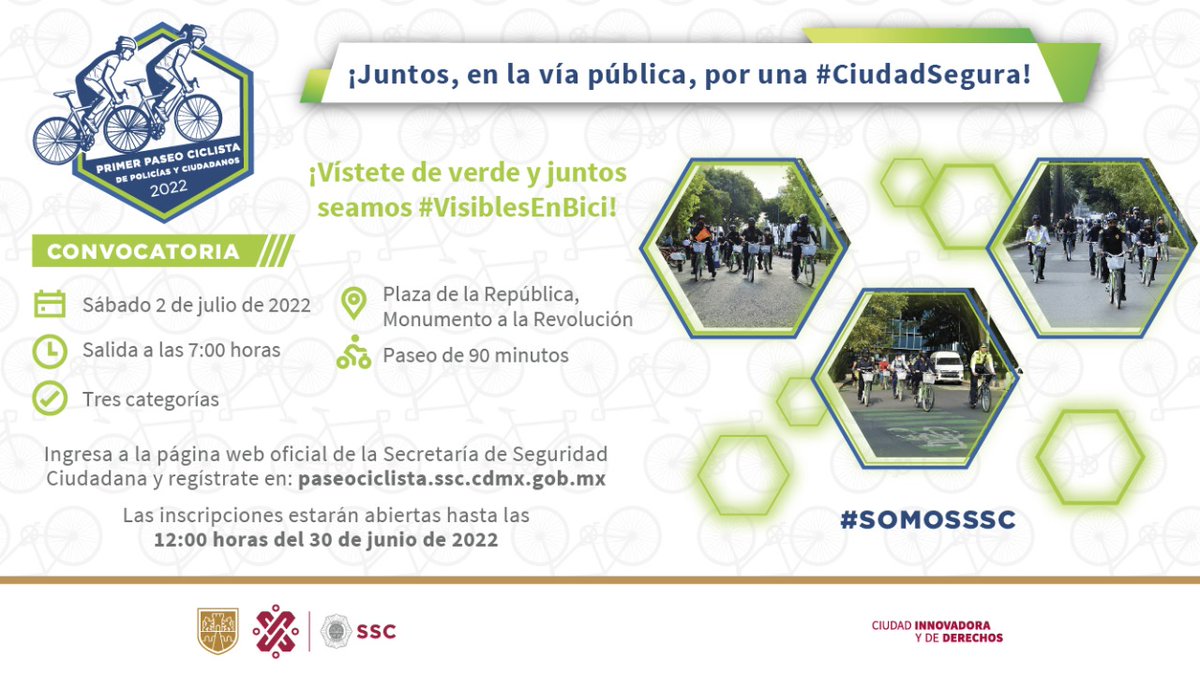 La #SSC te invita a formar parte del primer Paseo Ciclista de Policías y Ciudadanos 2022, que partirá desde el #MonumentoALaRevolución el próximo 2 de julio. Ingresa a la página y regístrate 👇🏻 
paseociclista.ssc.cdmx.gob.mx
¡Vístete de verde y seamos #VisiblesEnBici!
👮🏻‍♀️🚴🏻‍♀️🚴🏻👮🏻