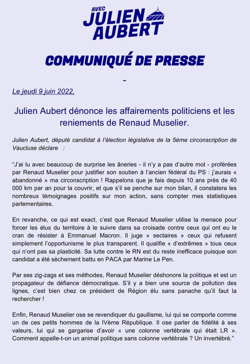 🔴 COMMUNIQUÉ DE PRESSE : après son interview dans <a href="/laprovence/">La Provence</a> ce matin, je dénonce les méthodes, les affairements politiciens et les reniements de <a href="/RenaudMuselier/">Renaud Muselier</a> !