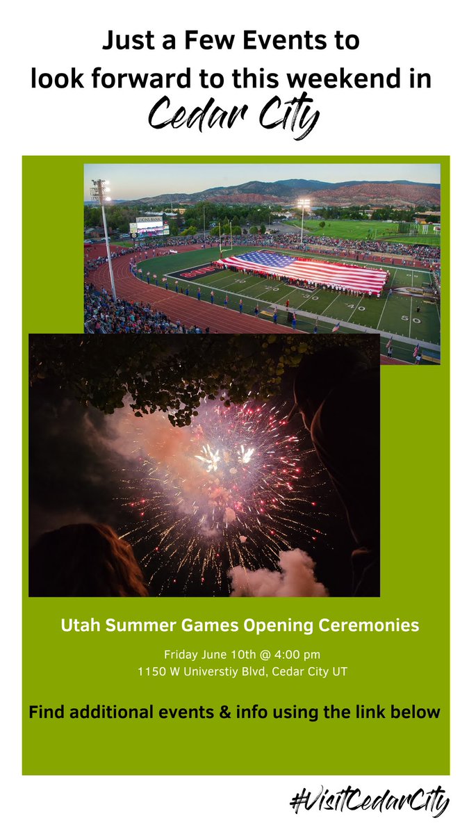 VisitCedarCity's tweet image. There are SO many incredible events happening in #CedarCity this weekend! Here are just a few we're excited for. Can't wait to see you all there! 

#cedarcityevents #visitcedarcity
