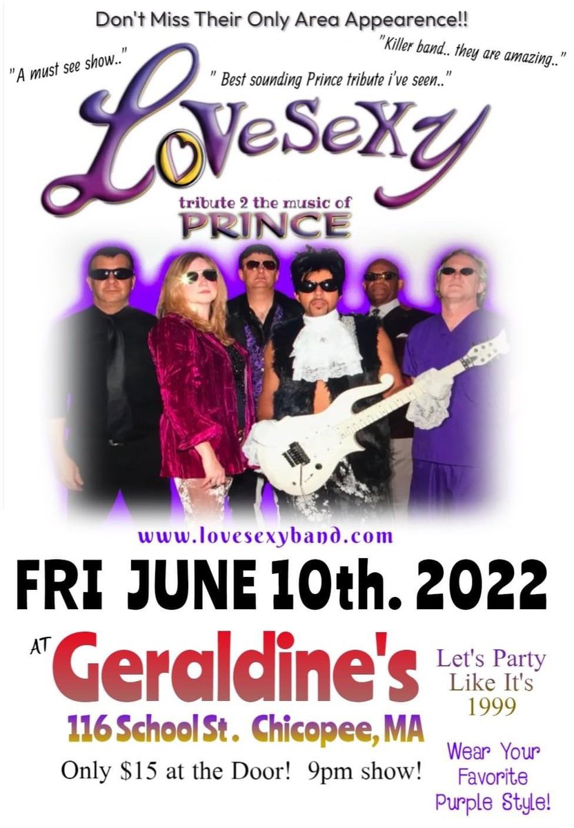 Catch @LoVeSeXy_band Tribute 2 PRINCE tomorrow night Fri 6/10 in Western MA. as we make out debut at Geraldine’s Music Bar & Grill in Chicopee,MA. Spread the word..invite your friends & family who love the music of PRINCE! #lovesexyband #newenglandspremierprincetribute #Prince