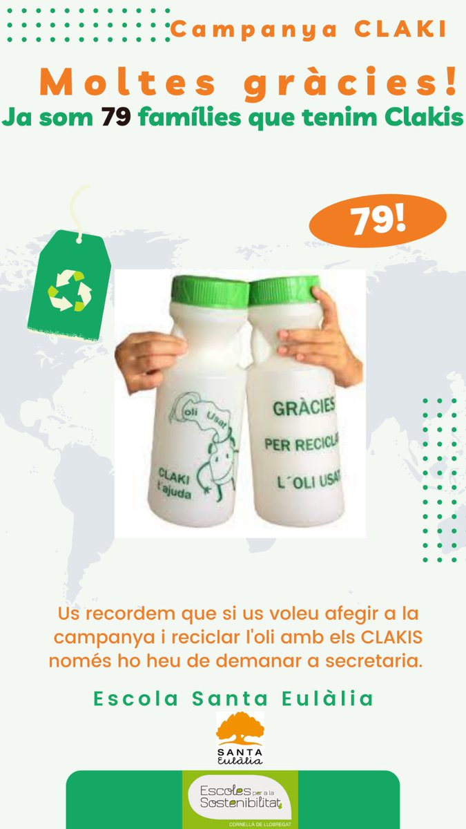 EscSantaEulalia's tweet photo. 79 CLAKIS🫙♻️
Ja som 7️⃣9️⃣ famílies les que reciclem l’oli que fem servir amb els nostres recipients #Clakis❕
⚠️Recorda si no tens el teu Claki encara ets a temps, no esperis més i demana’l a 📍secretaria‼️ https://t.co/3UqP8pysbc