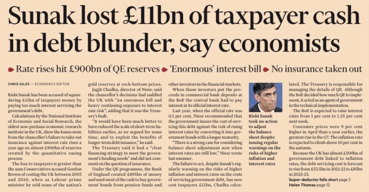 paullewismoney's tweet photo. Chancellor lost £11bn by failing to insure govt debt against rising inflation, economic institute says https://t.co/3aOSTggWwu