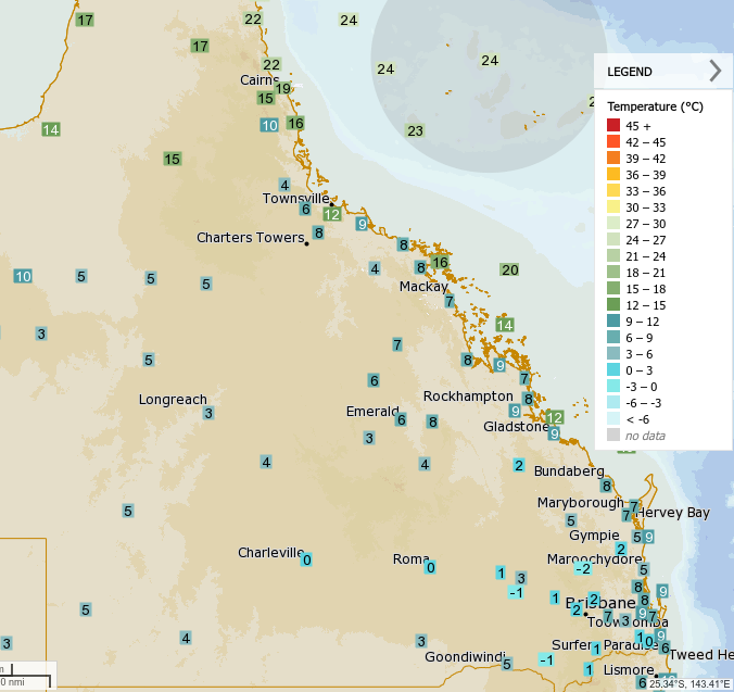 🥶We can confirm it is indeed cold this morning! With the cold making it into the tropics: Minimums of 3.7C at Mackay Racecourse, 5.4C at Bowen and 3.4C and Hughenden. Current temps at 7:30am pictured below. Latest observations: ow.ly/4hmH50Ju1fG