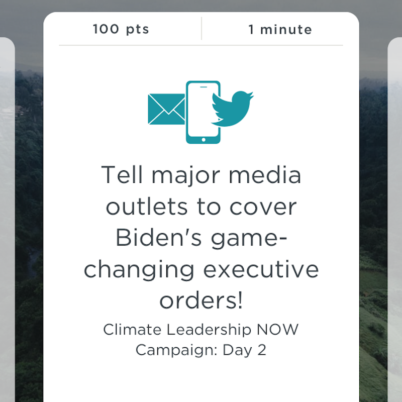 MyClimateApp's tweet photo. ACTION OF THE DAY: Tell major media outlets to cover Biden's game-changing executive orders!

Download the Climate Action Now app to take this action and thousands of others!