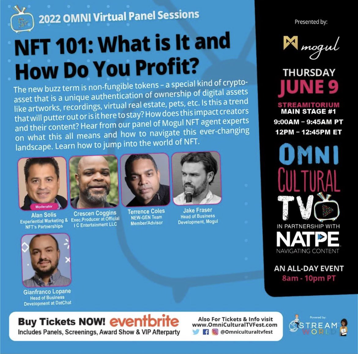 We helped lead an awesome panel today on #NFTs at <a href="/omniculturaltv/">Omni  Cultural TV Fest</a> which is one of the top festivals for entertainment creators and producers within North America! 🎥🍿