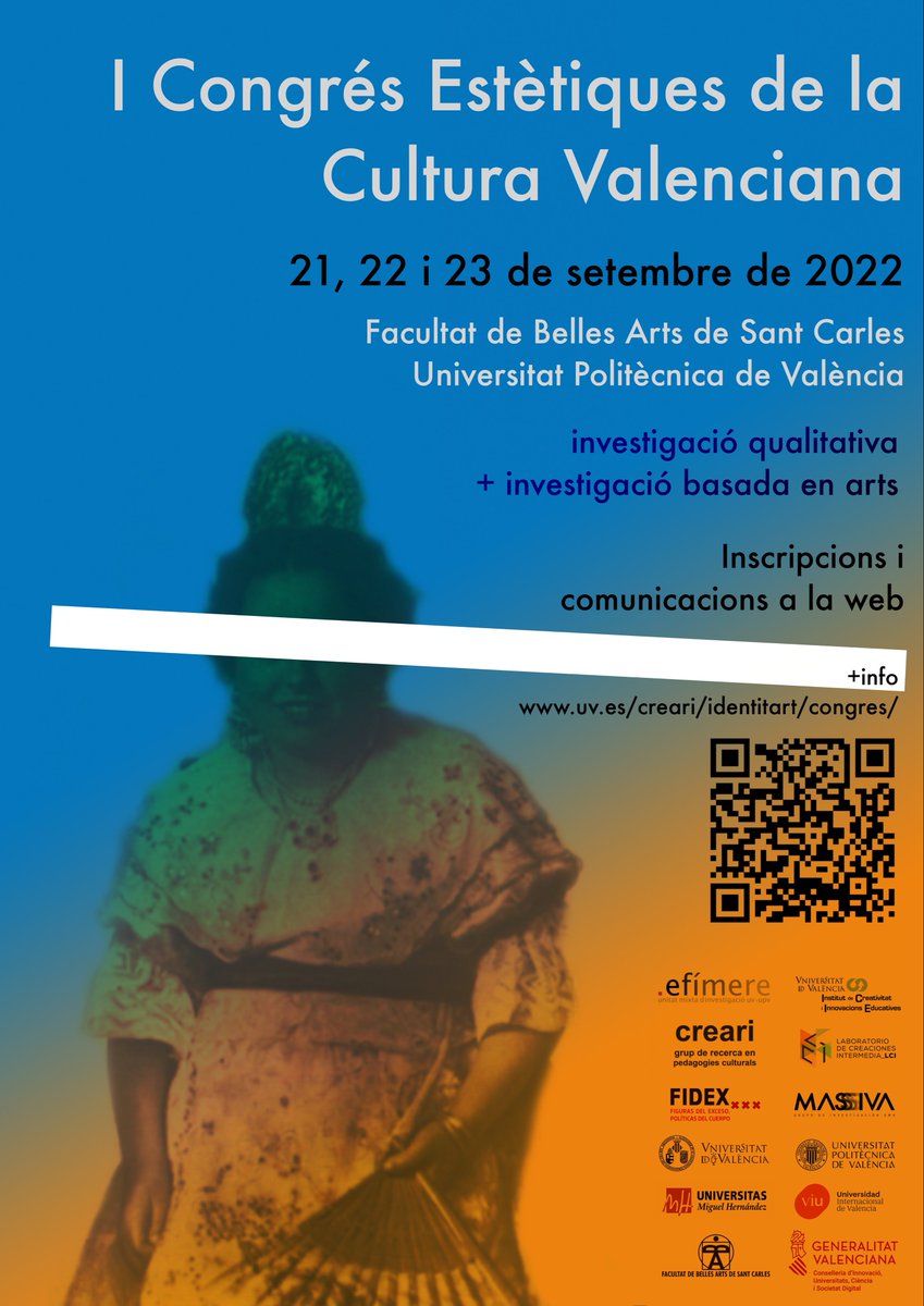 No us podeu perdre el I Congrés Estètiques de la Cultura Valenciana, 21, 22 i 23 de setembre a la Facultat de Belles Arts de la UPV a València. Podeu presentar ja comunicació, acceptem propostes d'investigació qualitativa i investigació basada en arts. uv.es/creari/identit…