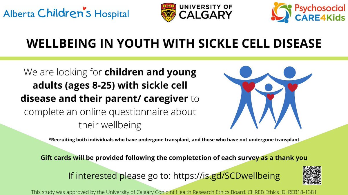 CARE4Kids_YYC's tweet photo. 🥼🧪🔬ACTIVELY RECRUITING FOR OUR STUDY ON WELLBEING IN YOUTH WITH SCD 🔬🧪🥼 
if interested, please follow the QR code or go to https://t.co/RMf5NEada4
 
#sicklecell #sicklecellawareness #sicklecellresearch #sicklecelldisease #research #recruitment https://t.co/jE7HGCkwzX