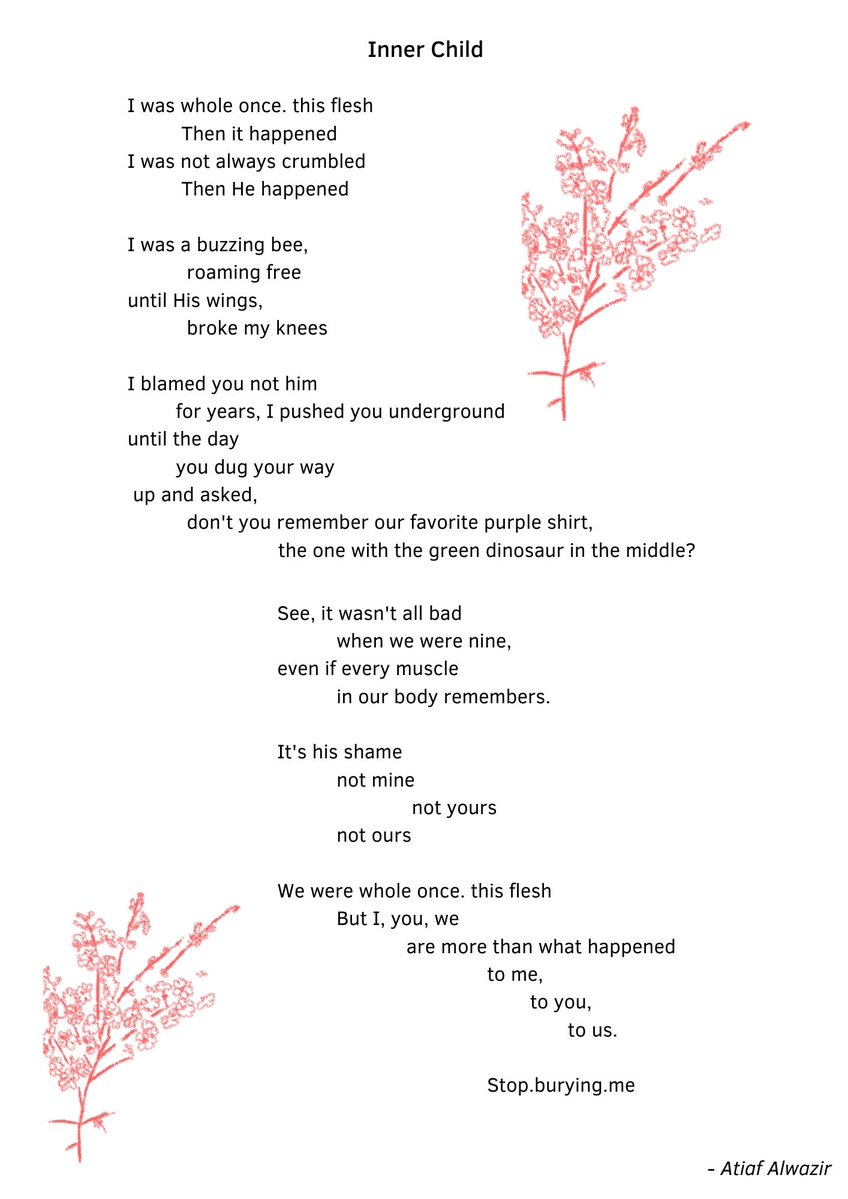 This is a hard one to share, but for some reason, I feel the urge to.

Many of us buried our inner child long before we were adults because we falsely believed that our innocence, playfulness, or curiosity were the cause of harm.

atiafalwazir.wordpress.com/2022/06/08/inn… 

#poetry #healing