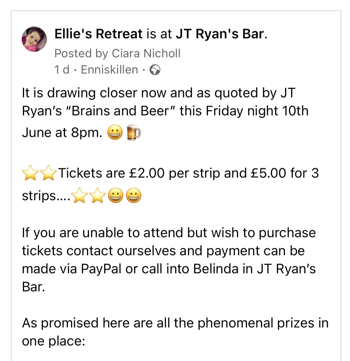 EllieH_ABC's tweet photo. A few people have been in touch to ask how to buy tickets for our BONANZA draw tmw eve during the #PubQuiz at #JTRyans

If you can't come along in person then you can buy your tickets via https://t.co/howYvY3c50 

#BrainsAndBeer 🙃🍺 #ShopLocal https://t.co/8D7qOM7f0y