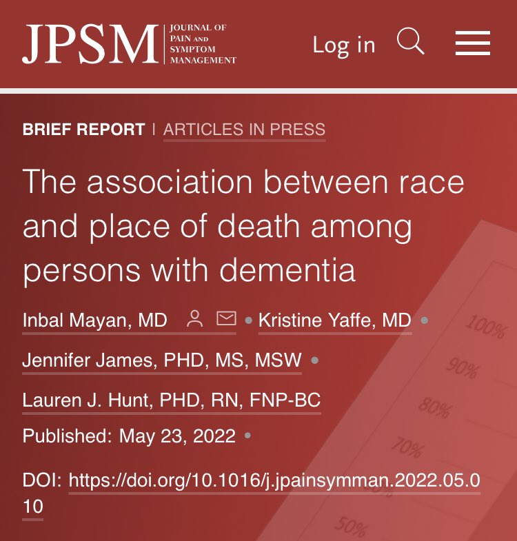 🚨NEW PUB🚨Drs. Inbal Mayan, @KristineYaffe, @JenJamesPhD, & @laurenhuntRN at @UCSFNurse found racial and ethnic differences in location of death for PWD, with Black and Hispanic PWD more likely to die in the hospital compared to white PWD. 👇 doi.org/10.1016/j.jpai…