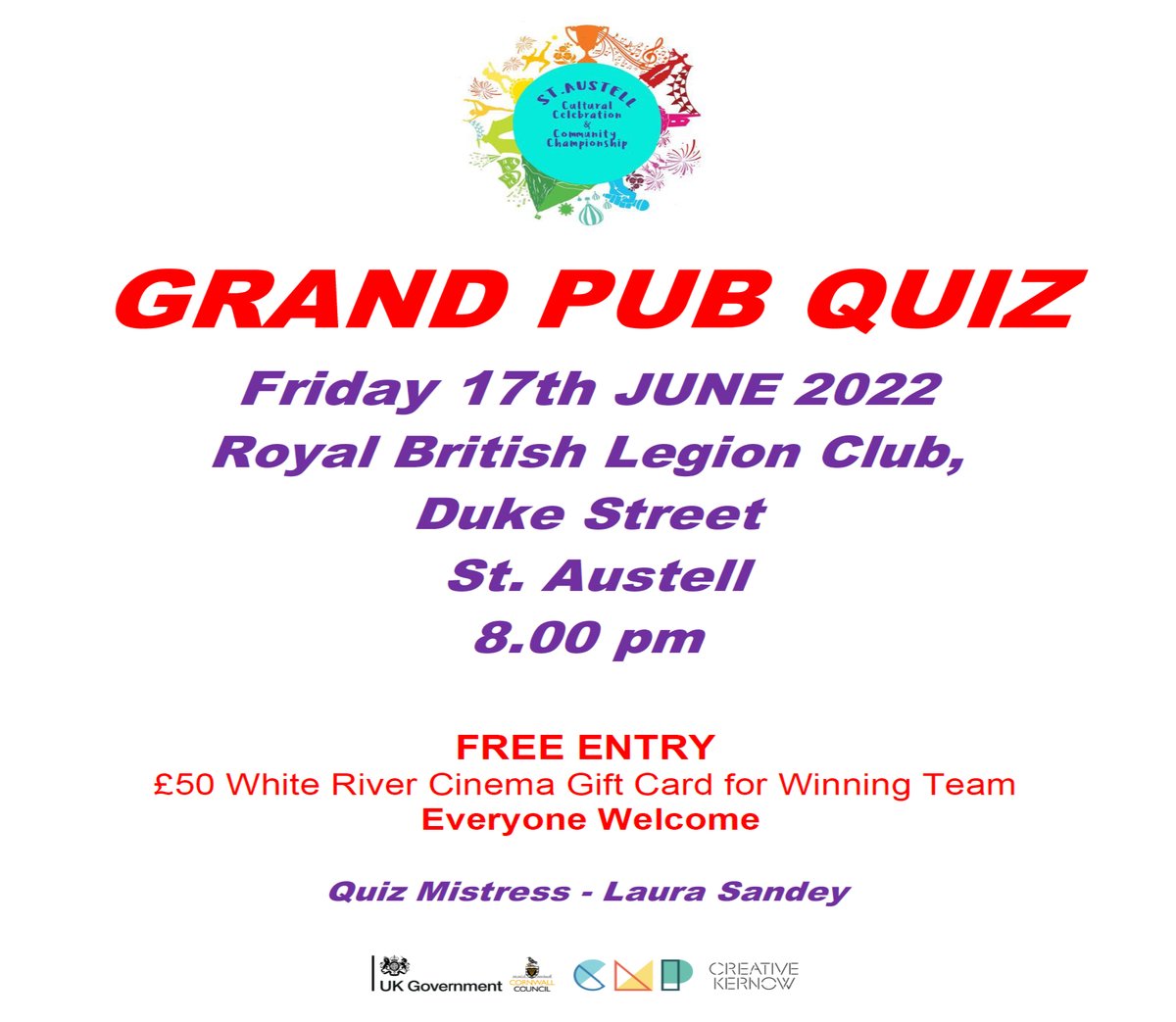 This Friday at the Royal British Legion in Duke Street St Austell, join us for the Grand Pub quiz and a £50 <a href="/WTW_StAustell/">White River Cinema</a> Gift Card is the top prize. #PubQuizStAustell <a href="/SheilaVanloo/">Sheila Vanloo 💙</a>