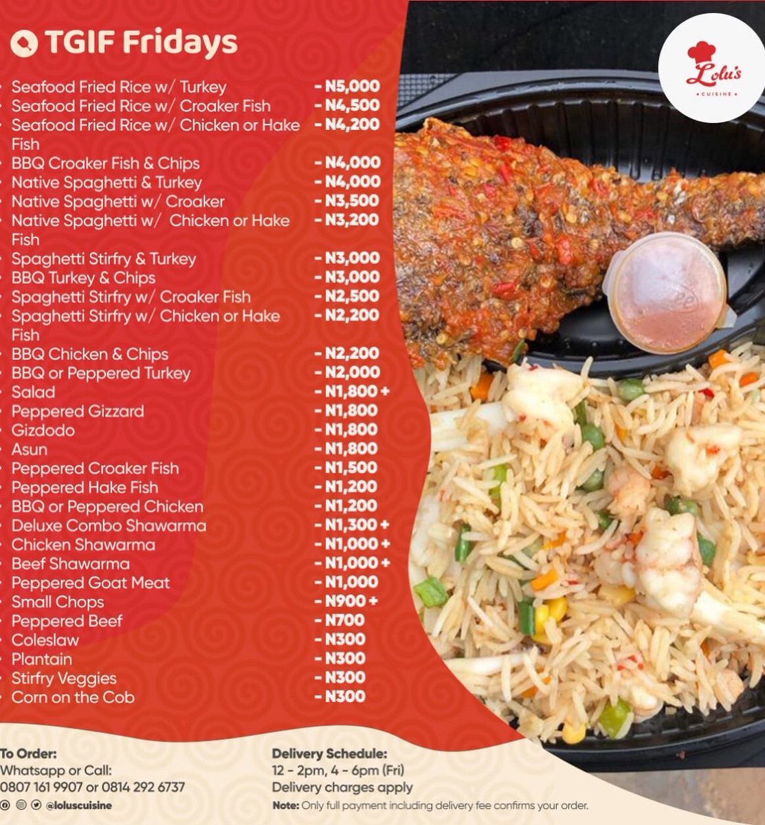 TGIF LUNCH MENU 

We’ve got a variety of Tasty BARBECUE options on the menu tomorrow🥰. THE BBQ croaker platter is absolutely amazing. 

Top notch seafoodrice/native spaghetti with various protein options is also available 🥰  . Free drinks on all complete meal💃🏻