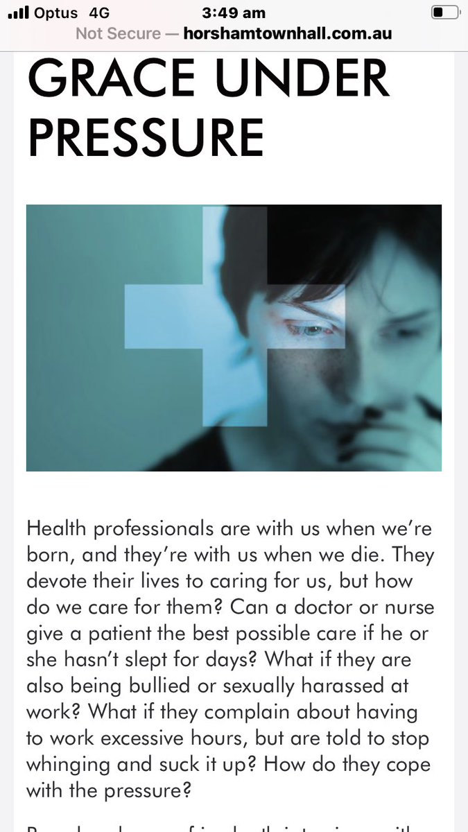 Grace Under Pressure - Still on tour! A research based verbatim theatre piece on healthcare culture. <a href="/utsSoNM/">UTS School of Nursing & Midwifery</a> <a href="/UTS_Health/">UTS Health</a> So happy to see our research lives on. horshamtownhall.com.au/hthevent/grace…