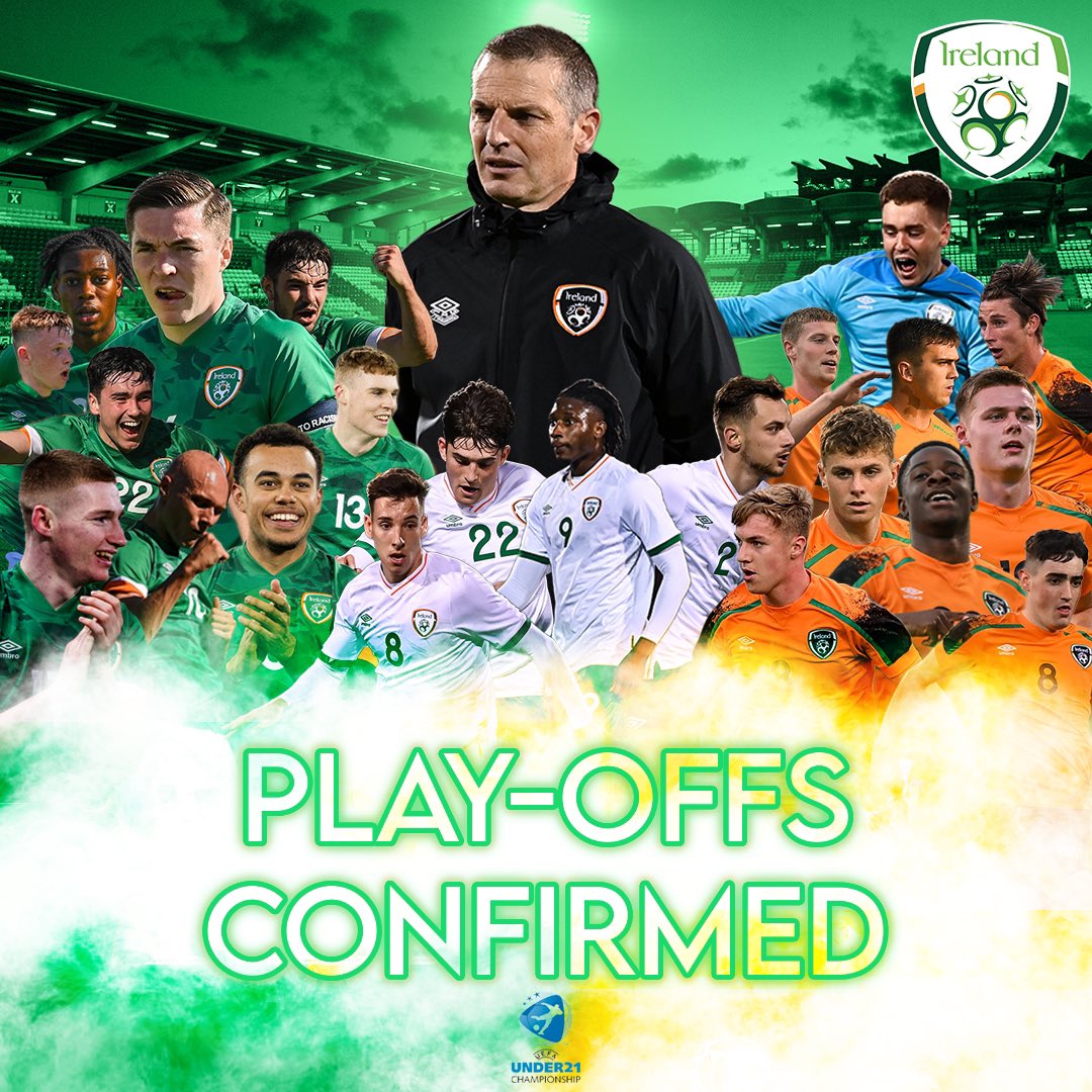 🇮🇪 𝗣𝗟𝗔𝗬-𝗢𝗙𝗙𝗦 𝗖𝗢𝗡𝗙𝗜𝗥𝗠𝗘𝗗 🇮🇪

Ireland U21s have secured a first ever #U21EURO play-off place 🙌

Huge congratulations to manager Jim Crawford, his players and staff 👏

Now to Italy where a win would secure automatic qualification 💚

#IRLU21 | #COYBIG | #WeAreOne
