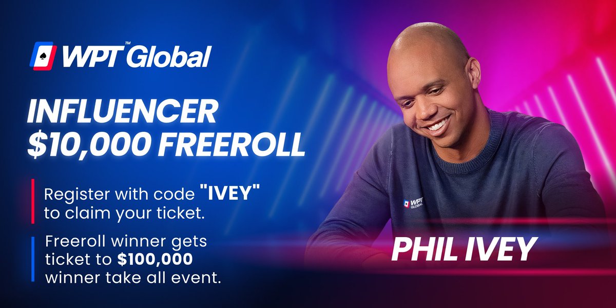 With launch of WPT Global hosting my free to enter tournament Fri June 10 noon pst $10,000 added to the prize pool and winner gets entry to play with me and others on June 12 for $100,000. Download WPTglobal.com. use code IVEY for your free ticket.Non US residents only.