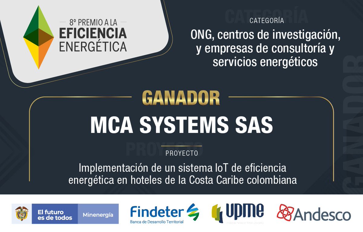 Andesco1's tweet photo. cuarta categoría de: ONG, centros de investigación, y empresas de consultoría y servicios energéticos   
Ya nos acercamos al final !!
El ganador es 🥁🥁🥁: MCA SYSTEMS SAS
Felicitaciones por este premio 👏 https://t.co/HG5U1W00q0
