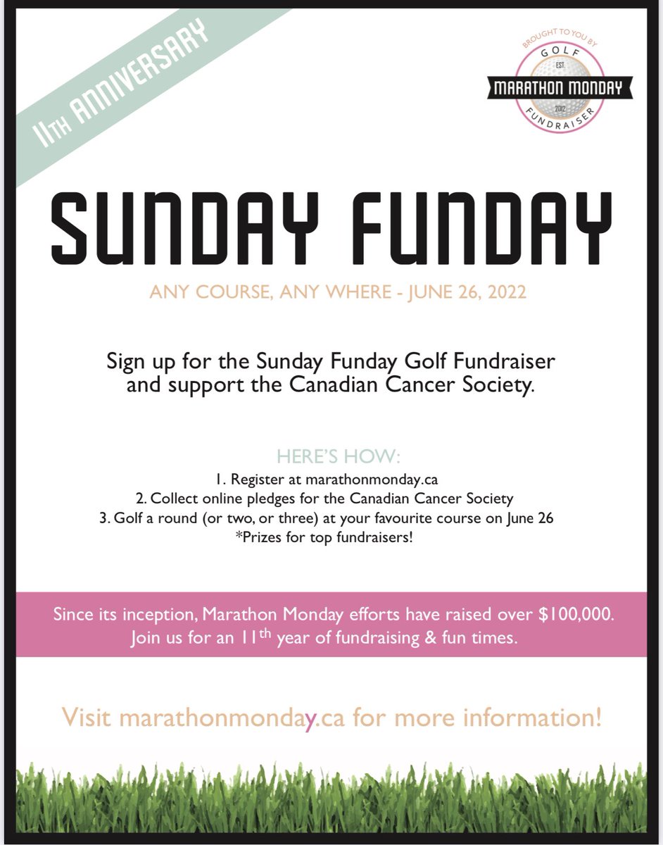Sunday Funday 2022 is just over 2 weeks away!! Sign up on our website at marathonmonday.ca/sundayfunday/

Join the fight on June 26th at your home course and see how many holes you can play to raise funds for the <a href="/cancersociety/">Canadian Cancer Society</a> 

Donate to Marathon Monday here: marathonmonday.ca/donate/