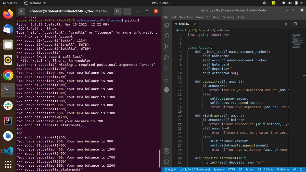 Bint_Ismail_'s tweet image. Created a class Account for bank to get personal details (deposits and withdrawals). #Python
Day 55
#100DaysOfCode
#codeHive2022
#WomenWhoCode
#IAMAKIRACHIX
