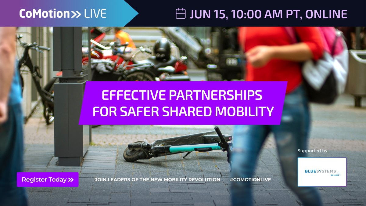 CoMotionNEWS's tweet photo. Join us next week for an exciting episode of #CoMotionLIVE supported by @bluesystems_! The webinar will focus on the important issue of making micromobility safer & how private mobility operators, technology providers and cities collaborate to make ridership safe in our cities. https://t.co/wi0grjnQuu