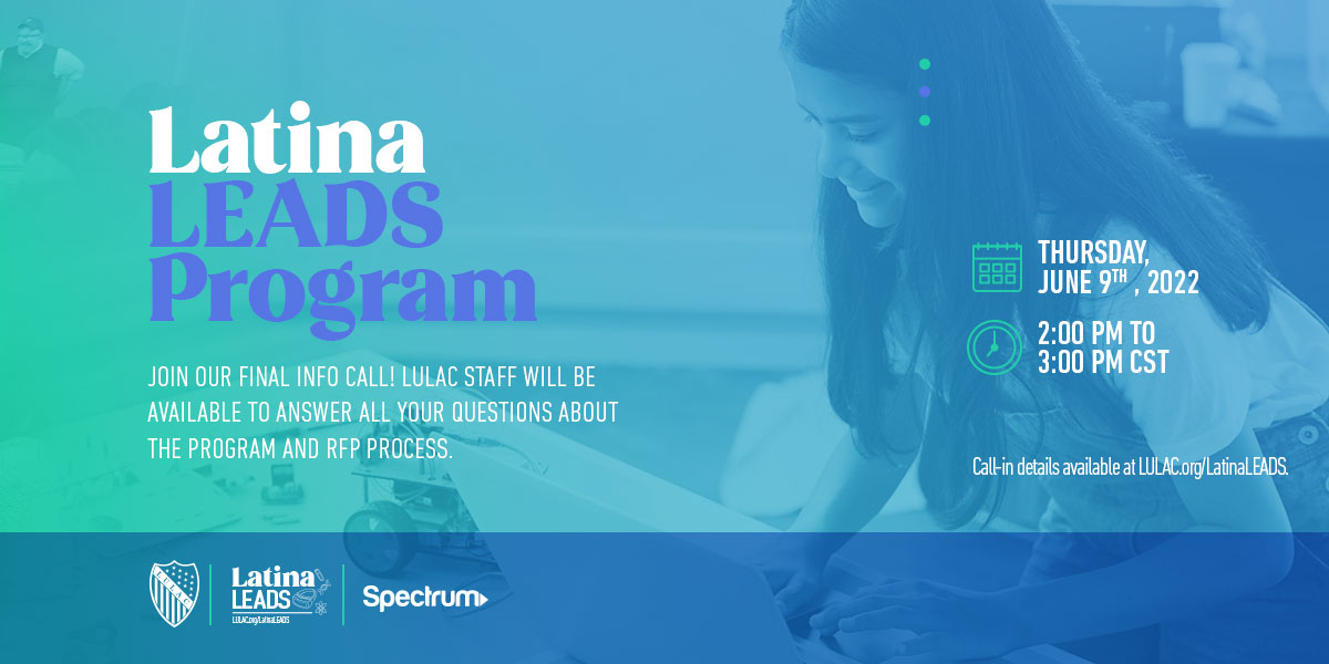 LULAC's tweet photo. Join our final info call for the #LatinaLEADS program. LULAC staff will be available to answer all your questions about the program and RFP process.

Date: Thurs, June 9th
Time: 2PM CST
For call-in details, visit https://t.co/nL4sEXv8LC.
#LULACPrograms https://t.co/2pbZIn93JT