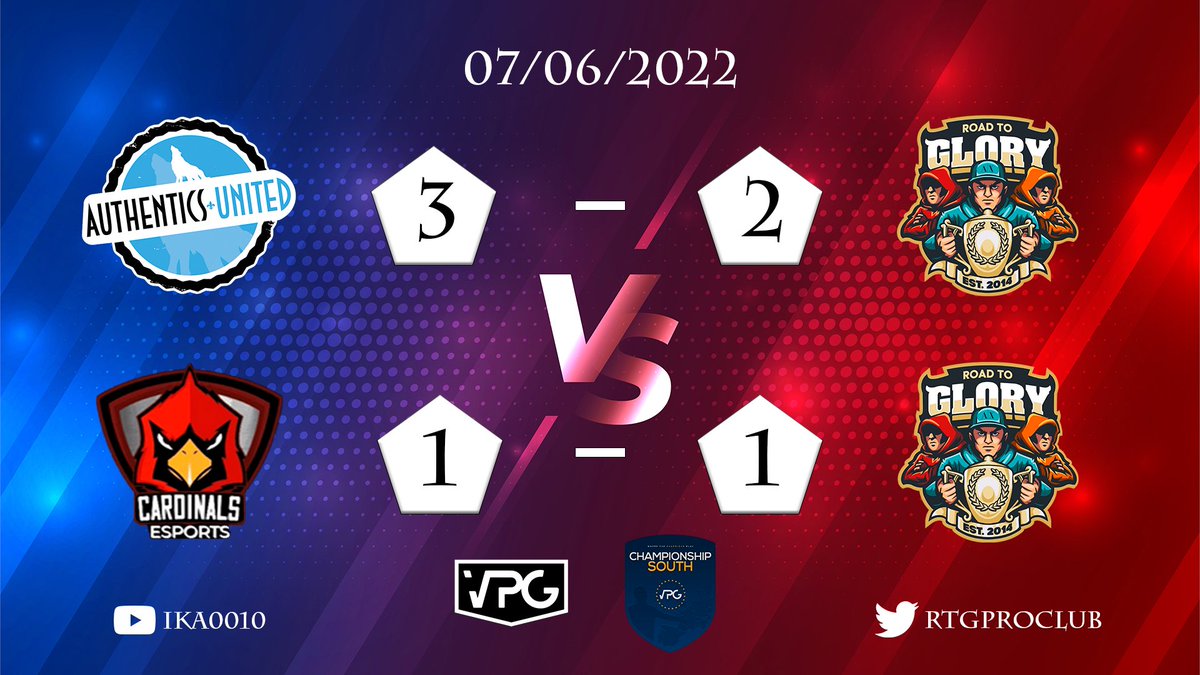 Results of 02/06/2022 at 
<a href="/OfficialVPG/">Virtual Pro Gaming</a> <a href="/VPGEurope/">Virtual Pro Gaming | Europe</a>

🏆 Championship South
🆚 @Authentics_UTD
❌ 2-3

and

🏆 Championship South\
🆚 @CardinalsEsprts 
 🟰   1-1
