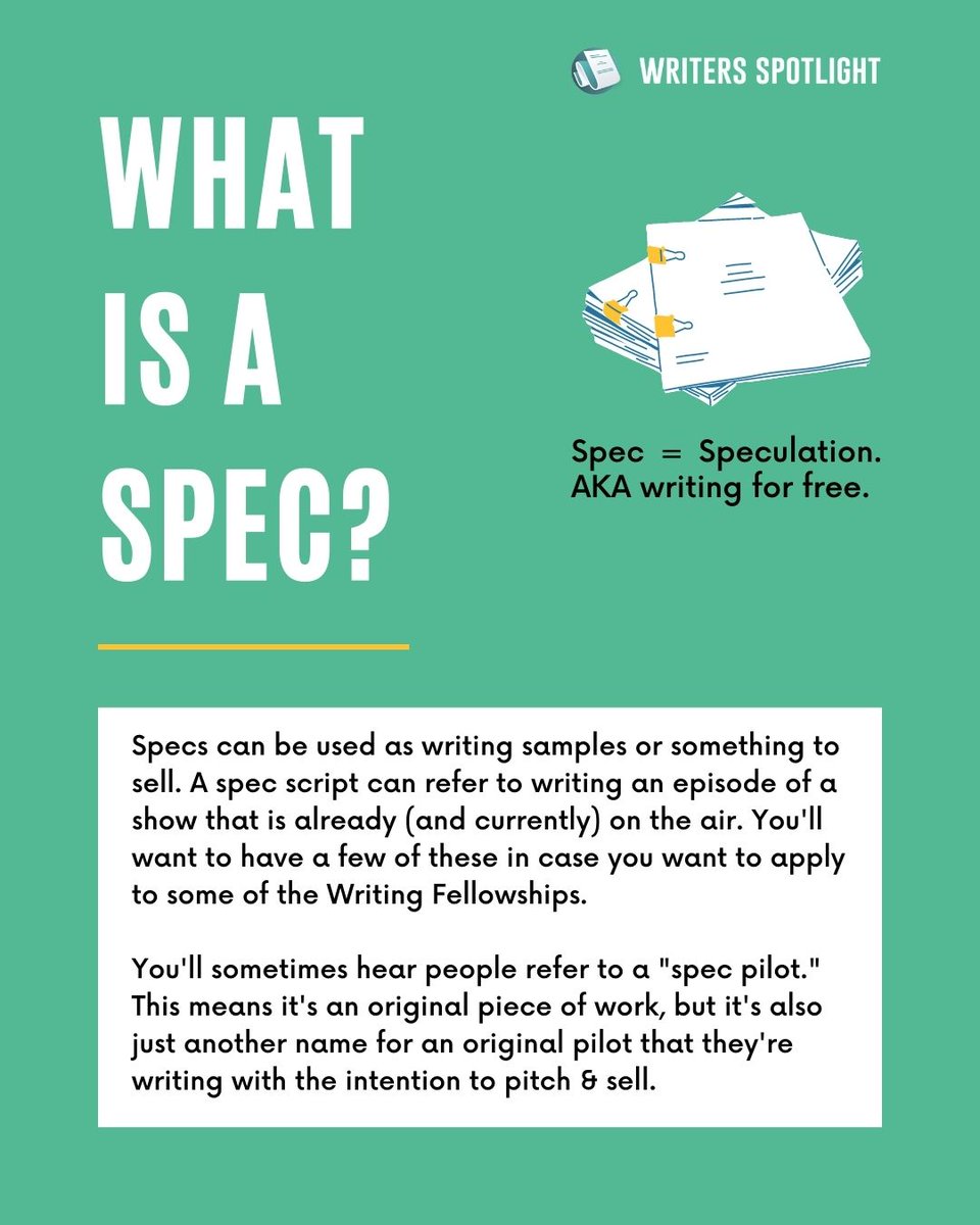WSL_Spotlight's tweet photo. A spec script can be utilized as an active part of your writing portfolio, or as work you're looking to sell.
The two terms you'll need to know are:
๐ฌ #SpecScript
๐ฌ #OriginalSpec
#screenwriting #scriptchat #screenwritingtwitter #script https://t.co/0GYglmWVY0