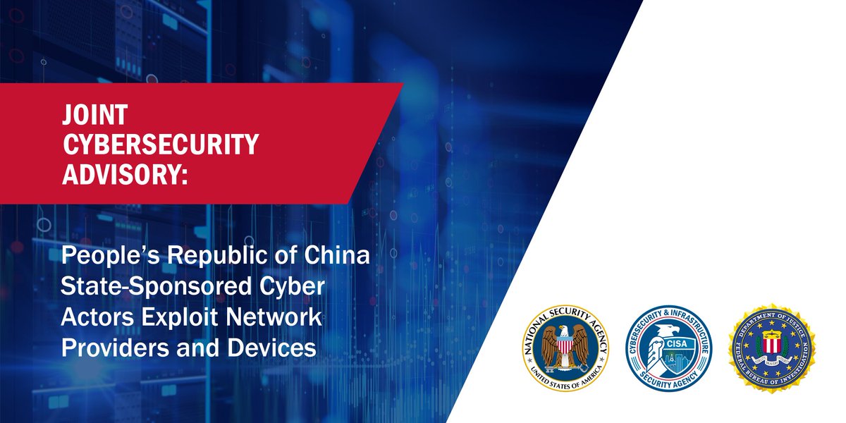 CISACyber's tweet image. ⚠️ Did you miss our latest release? We published a joint cybersecurity advisory with @NSACyber &amp;amp; @FBI about the People’s Republic of China state-sponsored cyber actors exploiting publicly known vulnerabilities! #CyberSquad go.usa.gov/xJkz5