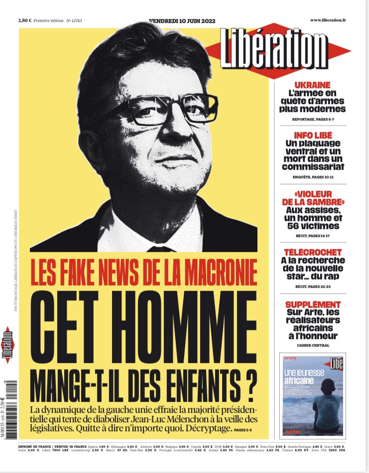 libe's tweet photo. À la une de @libe ce vendredi : 

🔴 Cet homme mange-t-il des enfants ? Les fake news de la macronie 

https://t.co/nj2k4mQp7h https://t.co/xCanhJThec