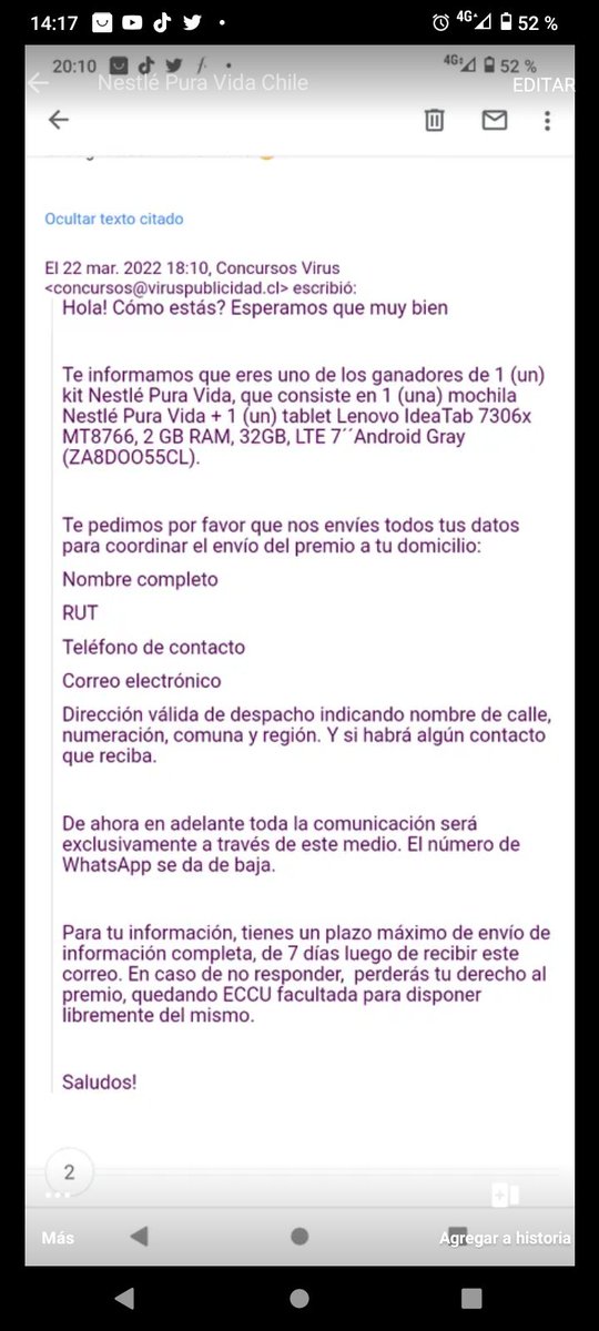 claudiatobe's tweet photo. @aluksicc  En Marzo CCU agua Pura vida realizó un concurso, en el cual yo gané por comprar productos, hasta la fecha no me entregan mi premio. La semana pasada me llegaron unas aguas 🙄 no es lo ofrecido en el premio, pregunto facebook y no me responden. @SantaIsabelCL https://t.co/DcIe0TLDmX