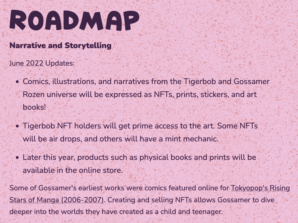 🐯 TIGERBOB NFT 🔥Roadmap Updates!🔥
tigerbob.io/roadmap
A bit more detail about narrative and storytelling in the Tigerbob and <a href="/grelysian/">Gossamer Rozen 🐯 NYC</a> universe - many items will be air drops to holders. Includes illustrations, comics. 🥰 Expect art books and prints in the future.
