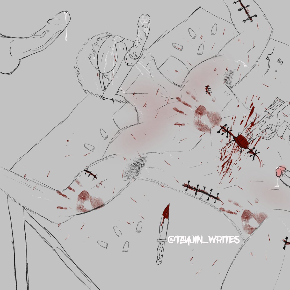 Tayjin_writes's tweet photo. Day 4 of @hurthaulweek: wound fucking, stitches, gunplay

TW: the above plus: blood, weapons &amp; implied noncon 😌

#HurtHaulWeek2022 #overhaul #kaichisaki https://t.co/3J9g1aFgyF