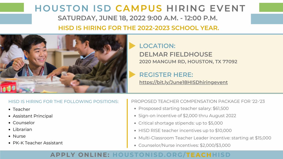Want to become a member of @TeamHISD? Join us for a hiring event Saturday, June 18. Open to all candidates. Learn more and register today: blogs.houstonisd.org/news/2022/06/0…