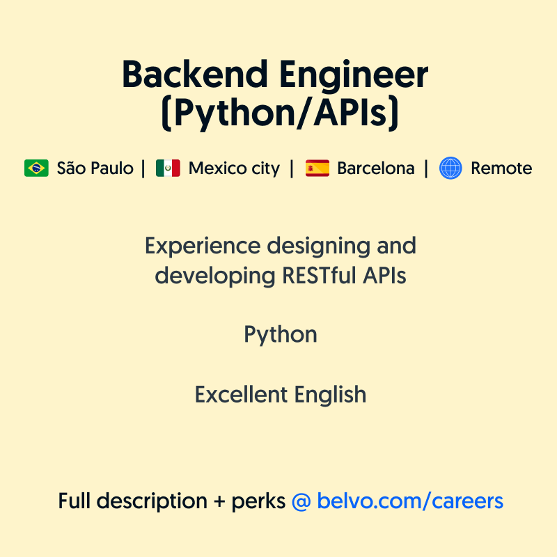 joinbelvo's tweet photo. ➡ We are looking for a #backend engineer (Python/APIs) to join our team in Brazil, Mexico, Spain, or remotely. 
🇧🇷🇲🇽🇪🇸🌎

See the full job description + benefits: https://t.co/G7vxmPg1DT

#JoinBelvo #Bolhadev #Hiring #Python https://t.co/TedmkhOm9T