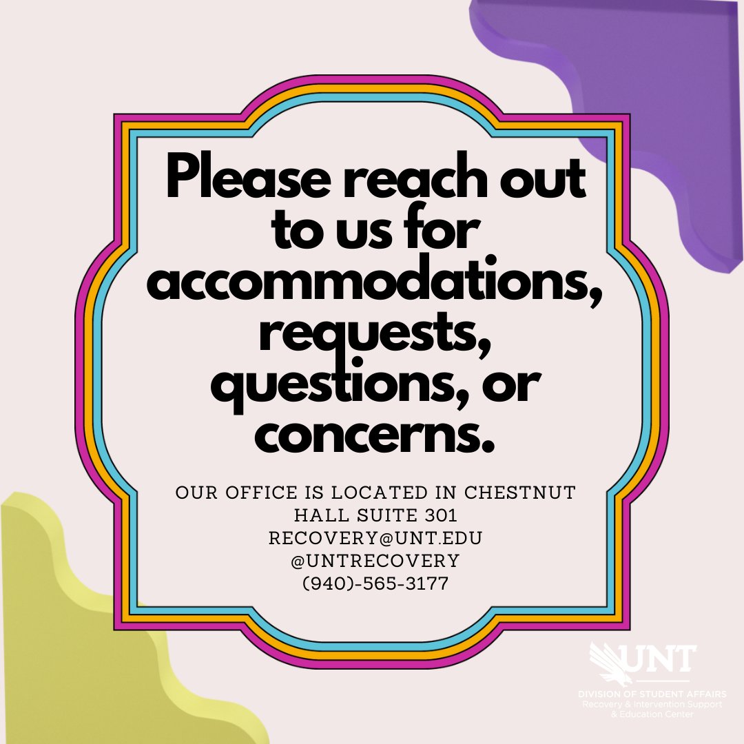 CRP at UNT (@untrecovery) on Twitter photo This summer, PRIDE Group meets on Mondays at 2pm. Join us virtually! We are here for your support, to foster growth both in the community & within your own identity.
Reach out for the zoom link: recovery@unt.edu This summer, PRIDE Group meets on Mondays at 2pm. Join us virtually! We are here for your support, to foster growth both in the community & within your own identity.
Reach out for the zoom link: recovery@unt.edu