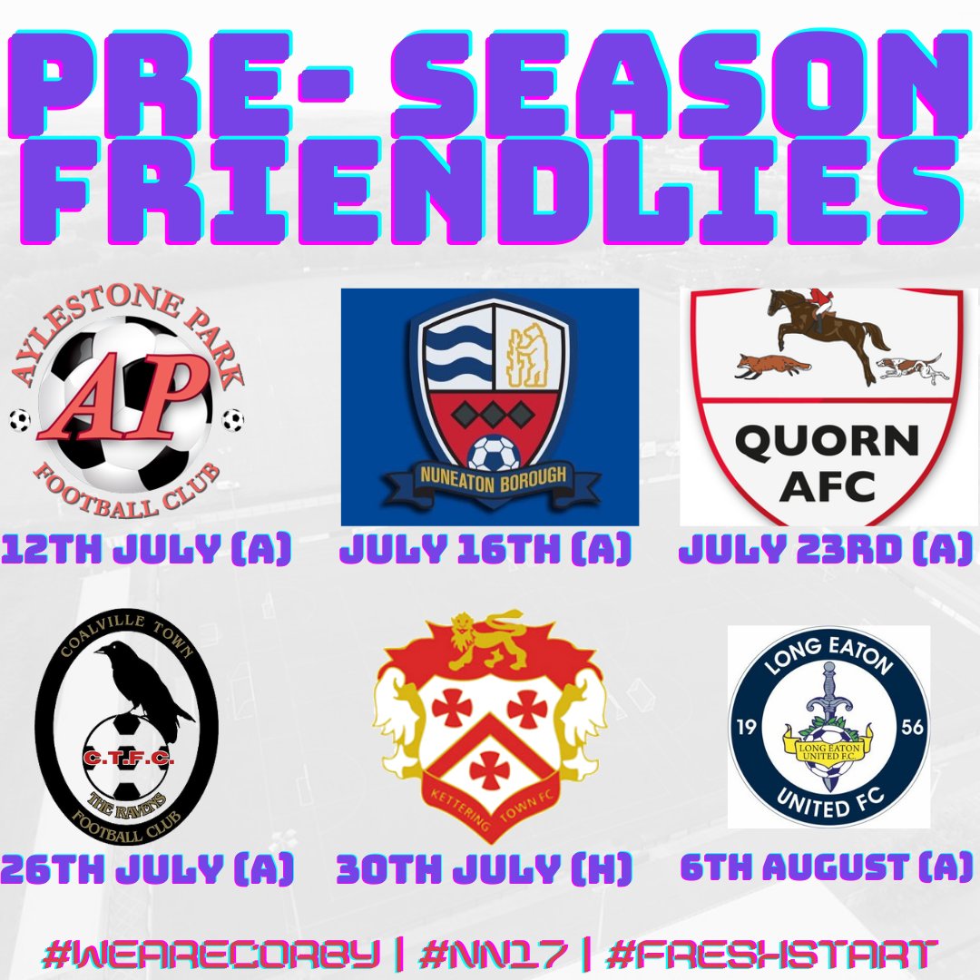 Dates for your diary:

<a href="/officialAPFC/">Aylestone Park FC</a> <a href="/NuneatonBoroFC/">Nuneaton Borough FC</a> <a href="/QuornAFC/">Quorn Football Club</a> <a href="/CoalvilleTownFC/">Coalville Town FC</a> <a href="/KTFCOfficial/">Kettering Town FC</a> <a href="/LongEatonUnited/">Long Eaton United FC</a>

Due to ongoing work on the Steel Park pitch, the Steelmen will hit the road before a home clash to finish the month.

#WeAreCorby | #FreshStart