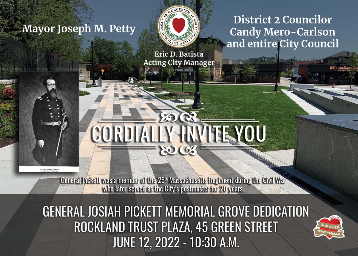 Join City officials in dedication to a permanent memorial to General Josiah Pickett this Sun, 10:30 a.m. at Rockland Trust Plaza, 45 Green Street.
Pickett was a member of the 25th Massachusetts Regiment during the Civil War and later served as the city’s postmaster for 20 years