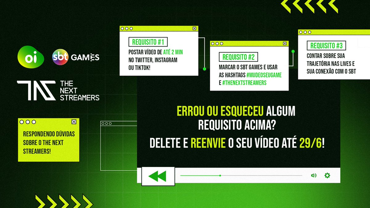 SBT_Games's tweet photo. Fala chefe, tranquilo?

A campanha #TheNextStreamers, do SBT Games e da @oi_oficial, continua bombando!
Mas para quem ainda tem dúvidas sobre o rolê todo, fica tranquilo: a ajuda veio!

Segue as dicas no vídeo acima e vem futuro talento!
#TheNextStreamers #mudaoseugame #Publi https://t.co/Y0qoAI9M4P