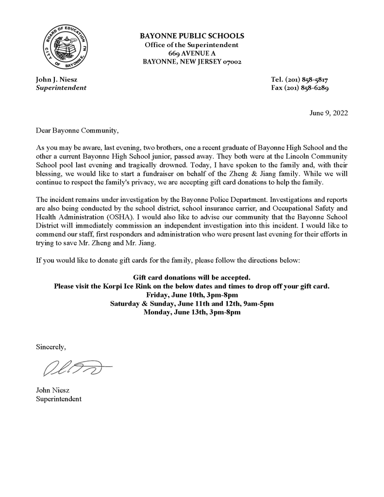 BayonneBOE's tweet photo. Bayonne Community - Follow-up information &amp; fundraising opportunity following the tragic events at Lincoln Community School pool. As a reminder, support services are available for Bayonne students &amp; staff. We strongly encourage anyone who needs it to utilize these resources. https://t.co/3Vg3wLgqFg