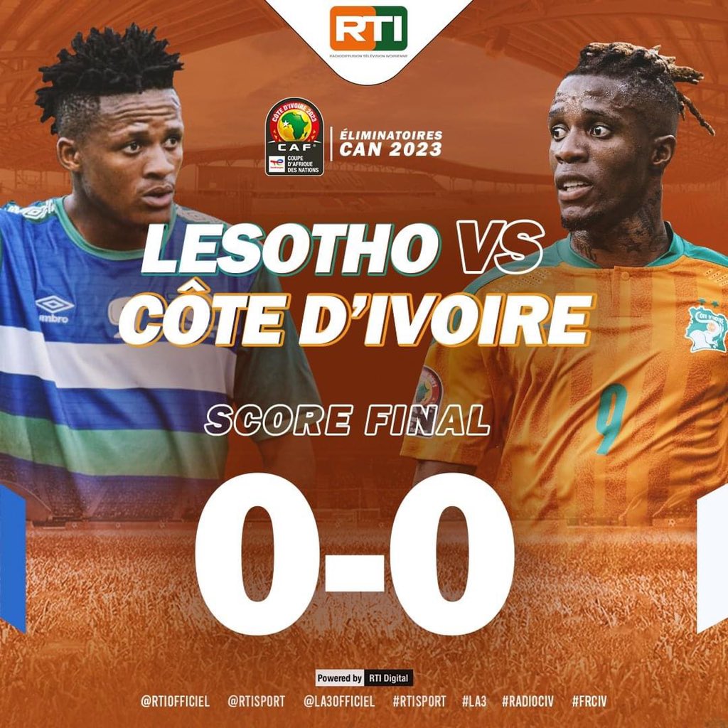 Can2023Ci's tweet photo. 🔴 QUALIFICATIONS CAN 2023🇨🇮: Après 96 min de Jeu, le Lesotho tient en échec la Côte d'Ivoire.

LESOTHO 🇱🇸 0-0 🇨🇮 CÔTE D’IVOIRE https://t.co/kxhcJ68fcl