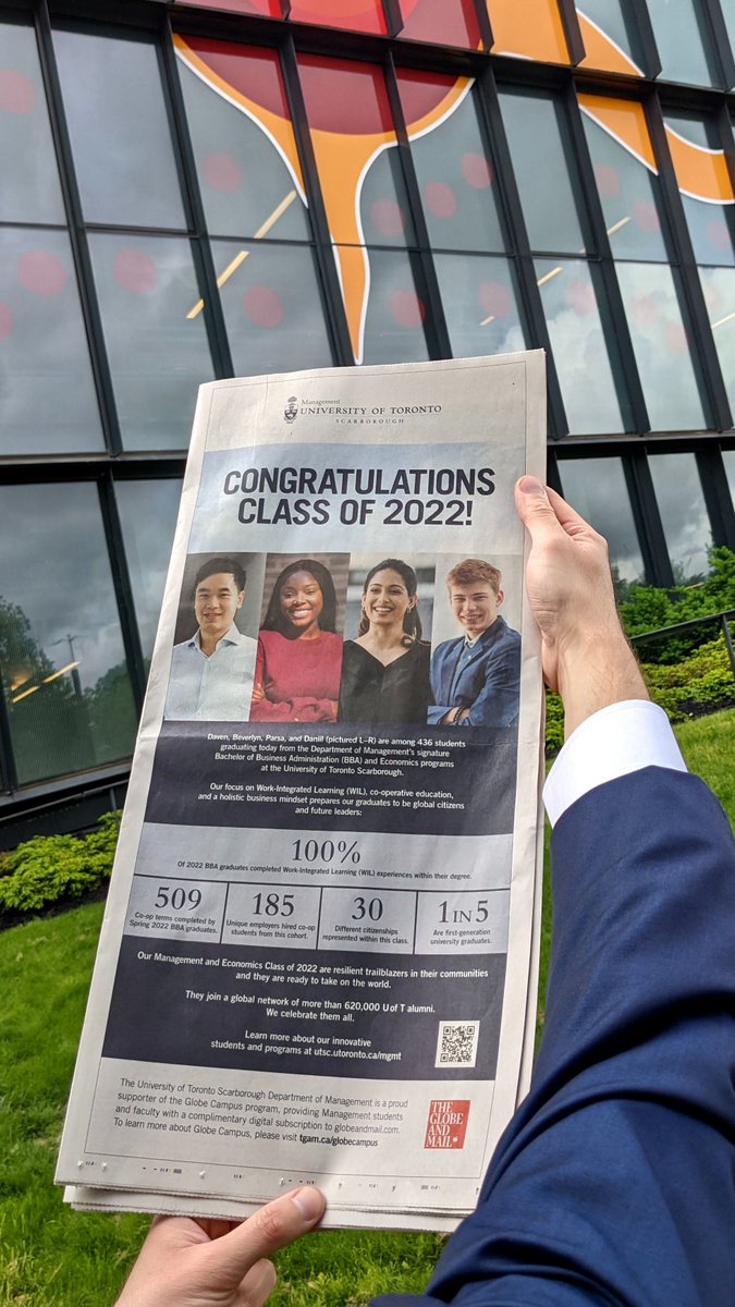 utscmgmt's tweet photo. Hats off to the @UTSC Management &amp; Economics Class of 2022! 436 students graduated today from our signature BBA and Economics programs, and we couldn't be prouder to celebrate them with a full-page tribute in @globebusiness #UofTGrad22 #UofT #UTSC #ExperienceToLead https://t.co/Bdt6AgrAvr