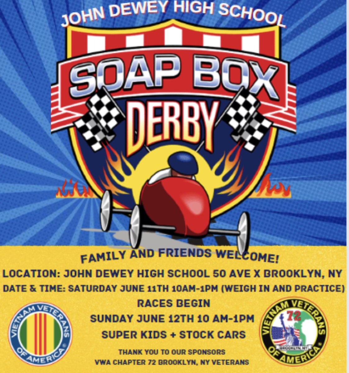 JohnDeweyBK's tweet photo. Join us as we host our very first Soapbox Derby! Bring friends & family!
Our very own ACES student Ahmed Masoud will be racing for his spot at the Worldβs SuperKids Championship. The local VVA Vietnam Veterans Chapter sponsored his car built by Fil Dispenzaβs Robotics Club. https://t.co/6hzspE9T9r