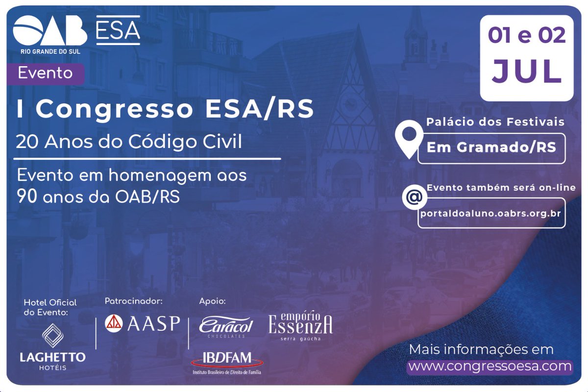 A ESA/RS realizará o I Congresso da gestão 2022-2024. O tema geral do evento são os 20 anos do Código Civil Brasileiro. As inscrições estão abertas e têm desconto para advogados, estagiários e estudantes inscritos na OAB. Saiba mais em: bit.ly/3xj5sUa