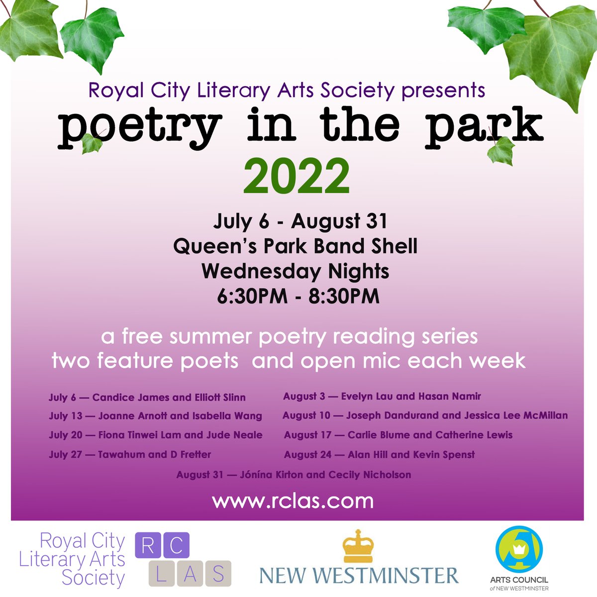 rclas_com's tweet image. We are back at Queen's Park this summer! Check out the fabulous line-up of poets! #RCLAS #NewWest #PoetryinthePark #PIPPIPHooray #ArtsNW @Poetry #OpenMic