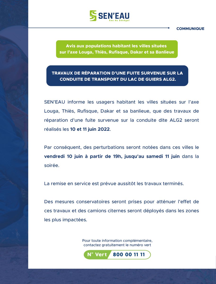 sen_eau's tweet photo. [Communiqué]

Travaux réparation fuite ALG2. 

Infoline : 800 00 11 11

#SENEAU
#eaudusenegal
#travaux
#kebetu https://t.co/zfVxZZqu68