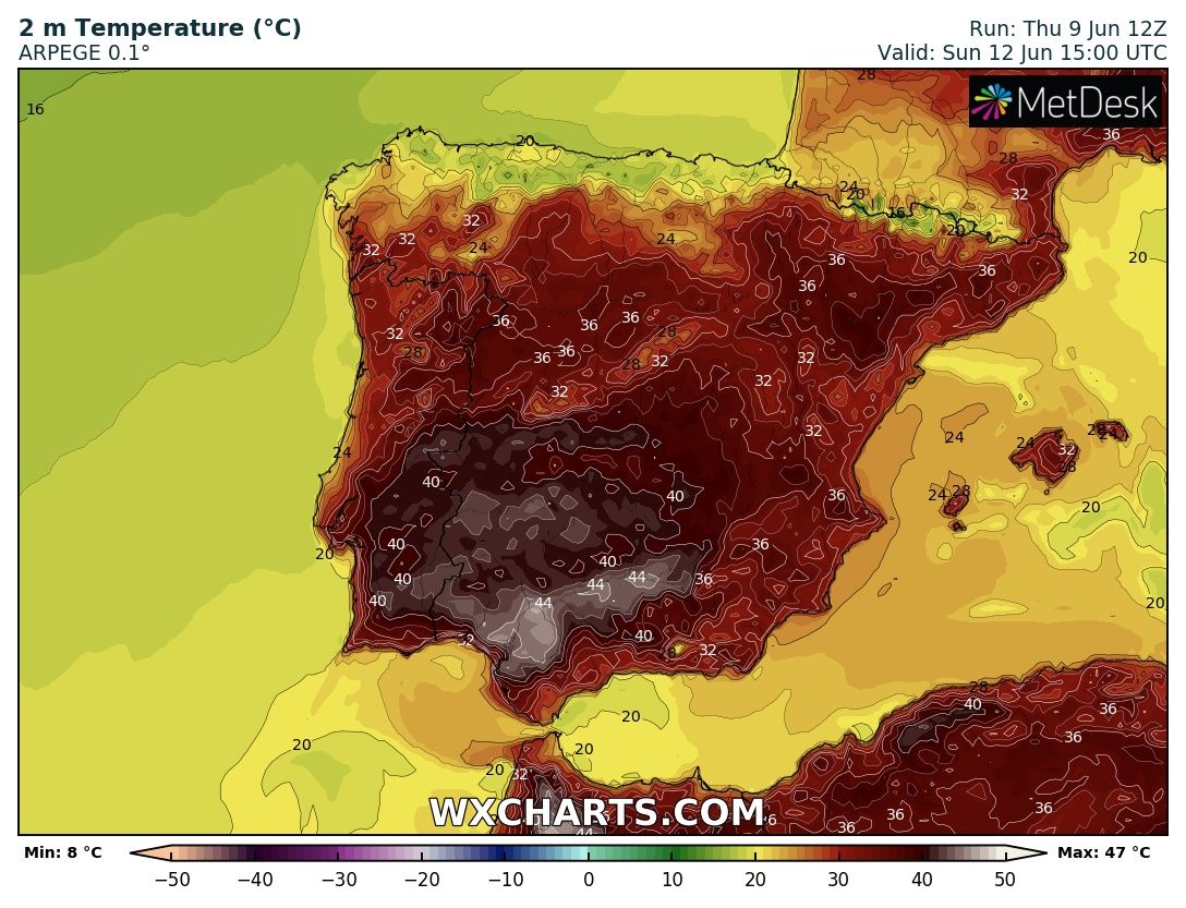 Un épisode caniculaire va se mettre en place en fin de semaine sur la péninsule Ibérique avec des maxi ponctuelles jusqu'à 43/44°C en Andalousie.
La vague de chaleur, première de l'été météorologique mais pas de l'année, va se poursuivre la semaine prochaine. 